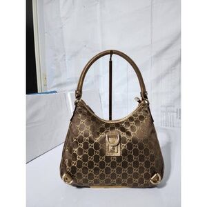 Authentic GUCCI GG Fabric Abbey Medium D-Ring Hobo Bag Gold